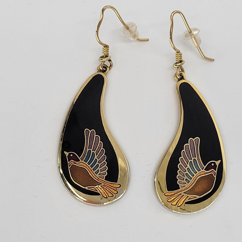 Laurel Burch Swallow Earrings Vintage Black Enamel Gold Tone Bird Drop Dangle